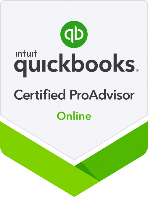 QuickBooks Certified ProAdvisor Online badge featuring the QuickBooks logo, company name, and certification title on a white and green geometric background.