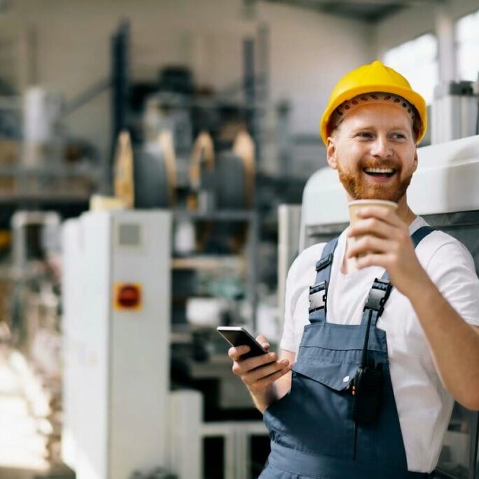 A smiling worker in overalls and a yellow hard hat holds a coffee cup and a smartphone, standing inside a bright, modern industrial factory or warehouse.