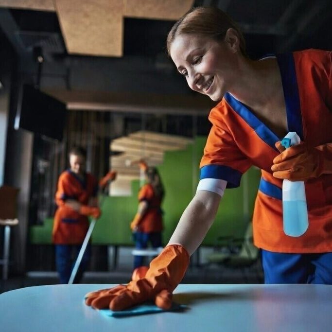 A woman in orange cleaning uniform and gloves wipes a table with a cloth and spray bottle, smiling, while two coworkers clean in the background of a modern, well-lit room.